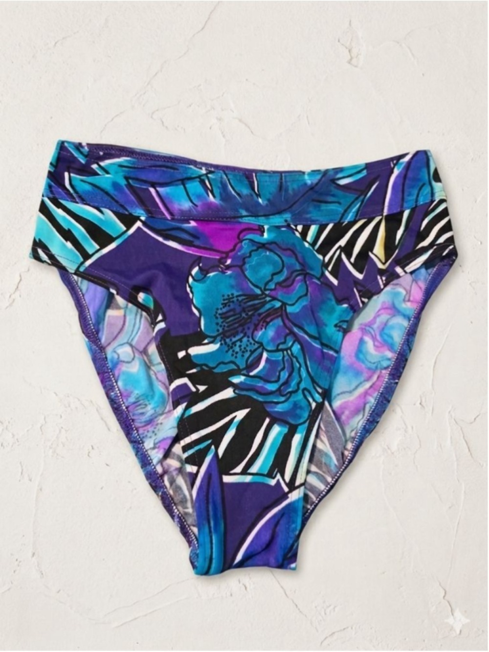 Christina Vintage Abstract Floral Bikini Teal Purple Black Size 9 10 - Picture 5 of 10